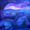Marion Lucka: Umarmung bei Sonneuntergang 100 x 100 cm (1993)