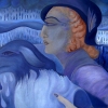 Marion Lucka: Frau mit Hund im Regen, Öl, 70 x 100 cm (2008)