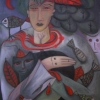 Marion Lucka: Frau mit roten Federn, Öl, 60 x 80 cm (2016)