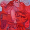 Marion Lucka: Frau trägt roten Fisch, Öl 80 x 80 cm (2017)