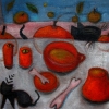 Marion Lucka: Stillleben mit katze und Rot, 30 x 40 cm (2013)