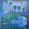 Marion Lucka: Fischengel, Öl 50 x 50 cm (2013)