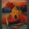 Marion Lucka: Ölgemälde " Gelbe Häuser und Boot" 30 x 40 cm (1990)