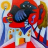 Marion Lucka: Vogel im roten Kopf, Öl, 40 x 40 cm (1999)