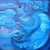 Marion Lucka: Ölgemälde "Blauschwimmer" 80 x 80 cm (2006)