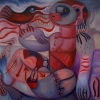 Marion Lucka: Frau spricht mit Vögeln im Dezember 100 x 100 cm(2016)