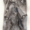 Marion Lucka: Frau, Fisch, Sonne, Aquarell, 7 x 10 cm (2016)