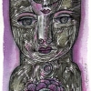 Marion Lucka: Tusche/Aquarell "Katzenkopf in grün-pink" 11 x 14 cm (2017)