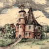 Marion Lucka: Tusche/Aquarell " Traumhaus" 15 x 20 cm (1984)