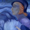 Marion Lucka: Frau mit Hund im Regen, Öl, 70 x 100 cm (2005)