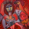 Marion Lucka: Erwachen mit Vögeln und Fisch" 80 x 80 cm (2017)