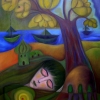 Marion Lucka: "Boote und Ruhe am Blütenbaum" 70 x 100 cm (2017)