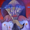Marion Lucka: Frau mit Strauß, Öl. 50 x 50 cm (2013))