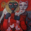 Marion Lucka: Dunkle Frau trägt helle Katze, Ö,l 80 x 80 cm (2017)