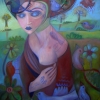 Marion Lucka: Ölgemälde " Frau mit Vogelhut auf der Wiese" 70 x 100 cm (2017)