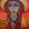 Marion Lucka: Ölgemälde "Gelbe Frau mit Hund" 60 x 80 cm (2019)