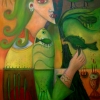 Marion Lucka: Ölgemälde " Grüner Vogel in der Hand" 60 x 80 cm (2017)