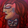 Marion Lucka: Ölgemälde "Rote Frau und katze" 40 x 40 cm (2016)