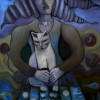 Marion Lucka: Ölgemälde "Winterfrau und Schneekatze" 70 x 100 cm (2017)