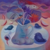 Marion Lucka: Stillleben mit Vögeln, 100 x 100 cm (2010)