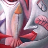 Marion Lucka: Fischessen, Öl, 30 x 40 cm (1989)