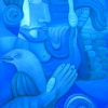 Marion Lucka: Mann, blind mit Vogel, Öl, 70 x 100 cm (2005)