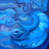 Marion Lucka: Blaue Abwehr, Öl, 80 x 80 cm (2011)