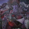 Marion Lucka: Gesicht, Aquarell,15 x 20 cm (2004) Düstervögel und Obst, Öl, 100 x 100 cm (2016)