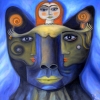 Marion Lucka: Dunkler Katzenkopf und Engel, Öl, 50 x 50 cm (2016)