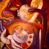 Marion Lucka: Geburt, Öl, 100 x 100 cm (1997)