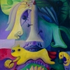 Marion Lucka: gelber Hund, Öl, 50 x 60 cm (1993)