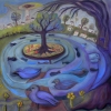 Marion Lucka: Dorfteich, Öl, 60 x60 cm (2012)