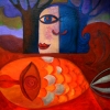 Marion Lucka: Roter Fischteich, Öl, 90 x 80 cm (2001)