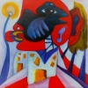 Marion Lucka: Vogel im roten Kopf, Öl, 40 x 40 cm (1999)