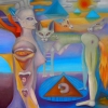 Marion Lucka: Wächter, Öl, 100 x 100 cm (1990)