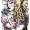 Marion Lucka: Blonde mit Vogel,Buntstiftzeichnung (2010)