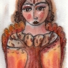 Marion Lucka: Tusche/Aquarell "Herbstengel" 10 x 15 cm (2017)