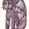 Marion Lucka: Oktoberkatze, Blei/Buntstift (2016)