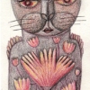 Marion Lucka: Bunt/Bleistift " Rosakatze" 7 x 12 cm (2016)